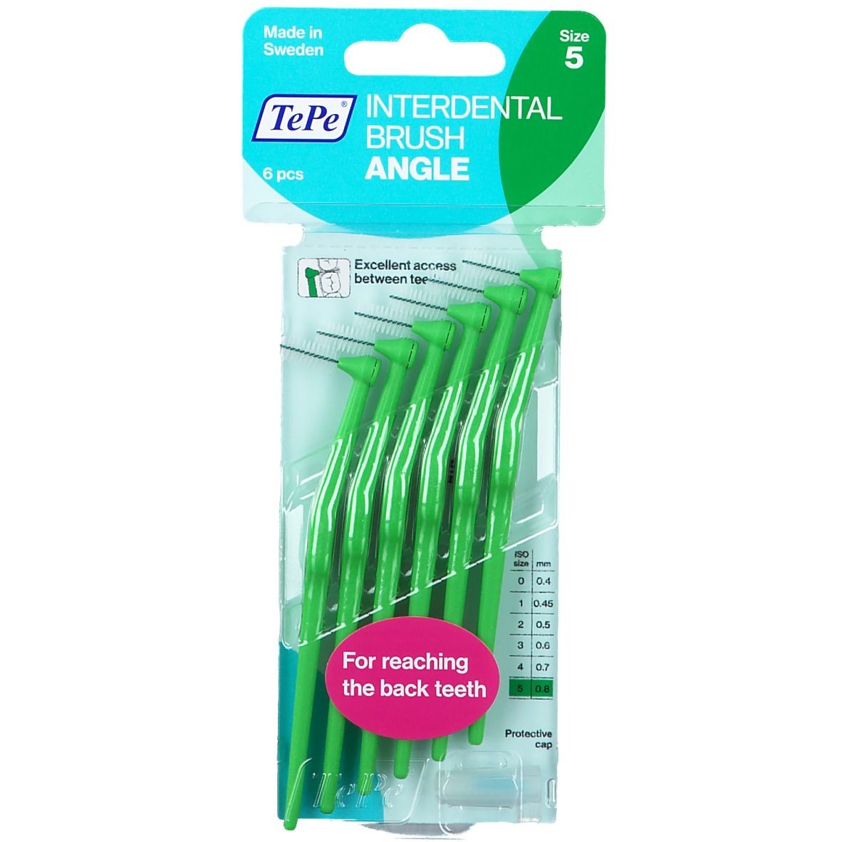 Paquet de brossettes interdentaires vertes. Six pièces, taille 5. Marque TePe, "Angle" et texte pour les dents arrières.