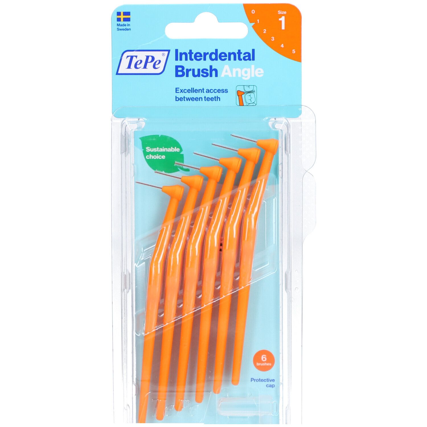 Emballage de 6 brossettes interdentaires orange. Marque TePe, modèle Angle, taille 1 (0,45 mm). Choix durable.