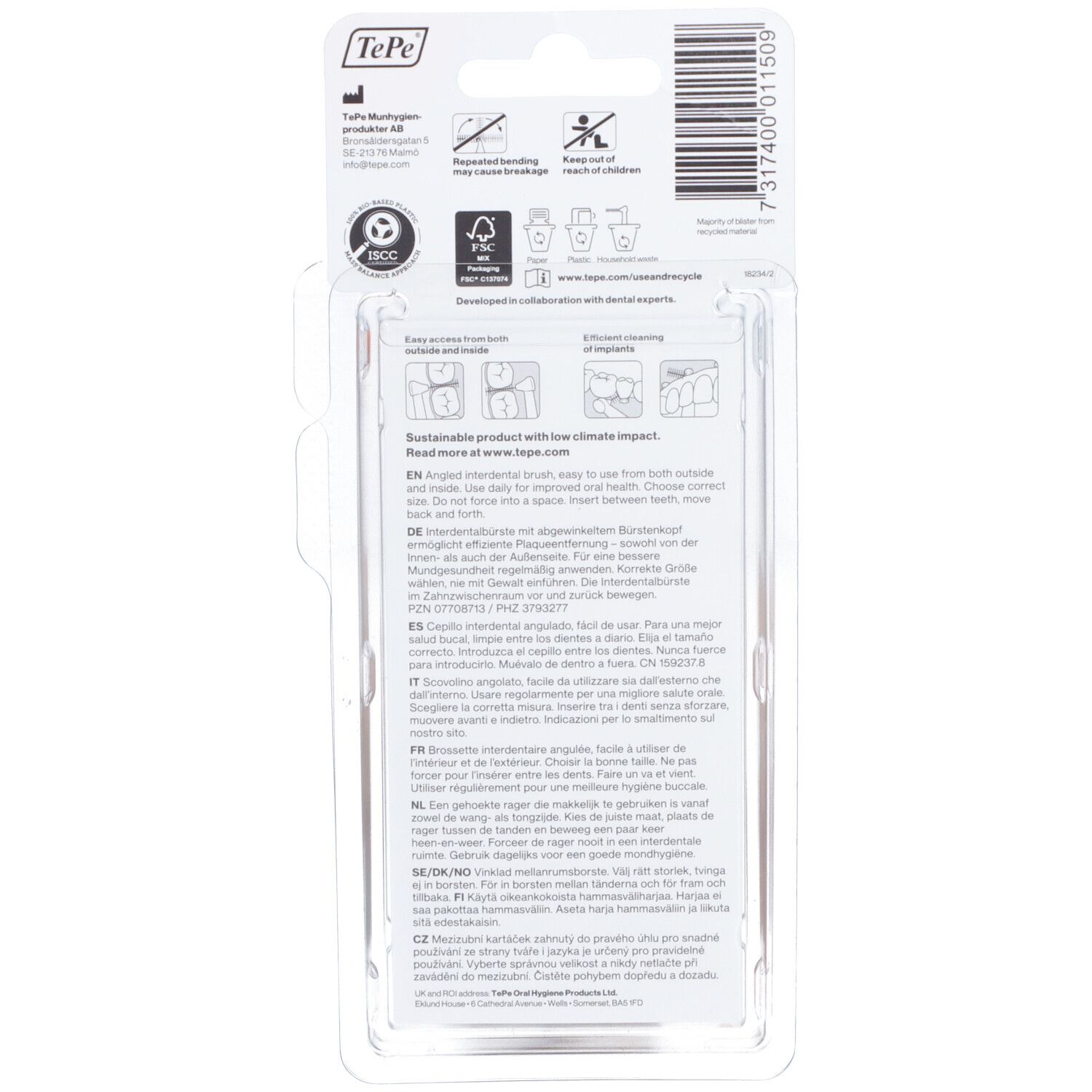 Dos de l'emballage avec informations sur les brossettes interdentaires. Texte multilingue. Certification FSC.