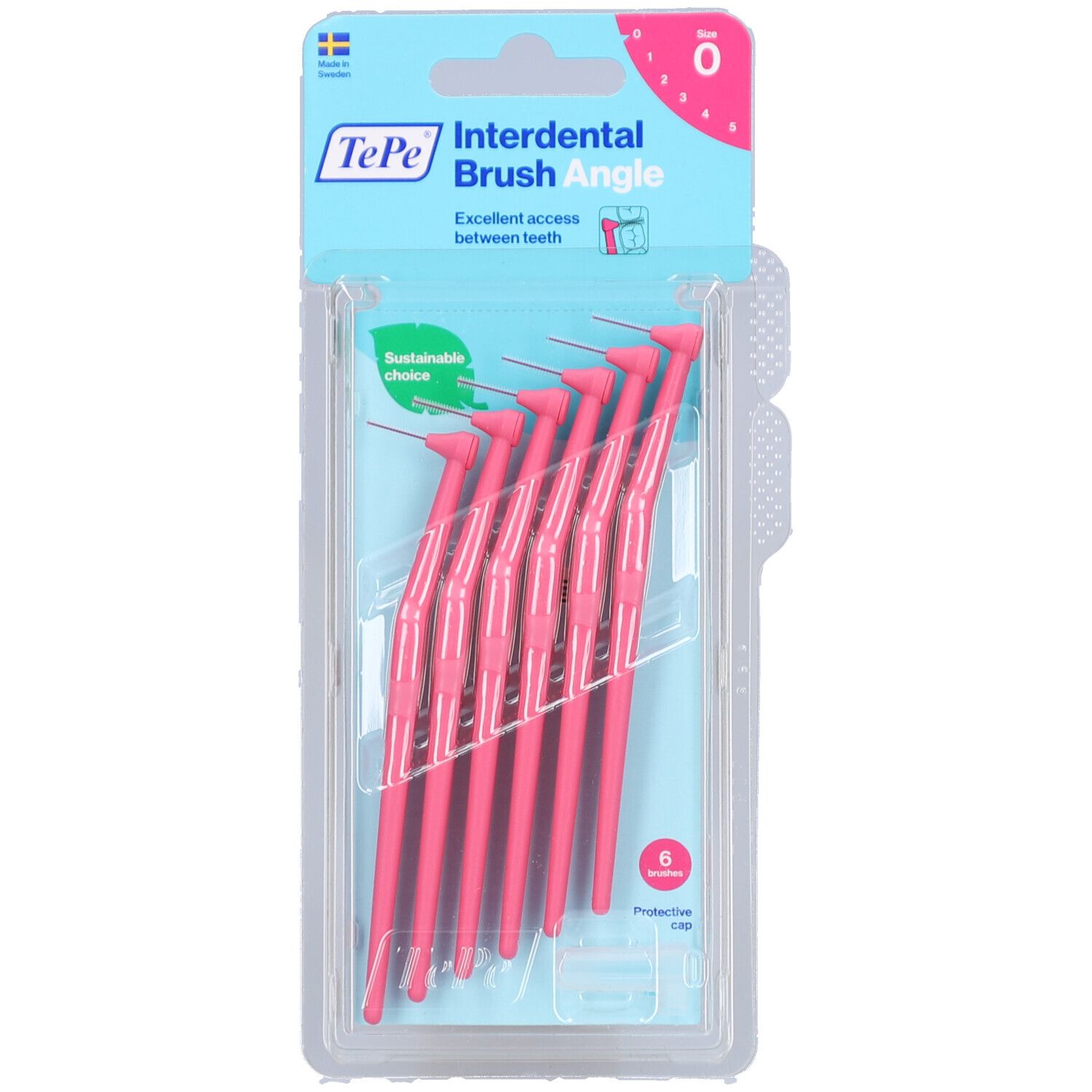 Packung mit 6 rosa Interdentalbürsten. Marke TePe, Größe 0. Winkeldesign für hintere Zähne. Kunststoffverpackung.