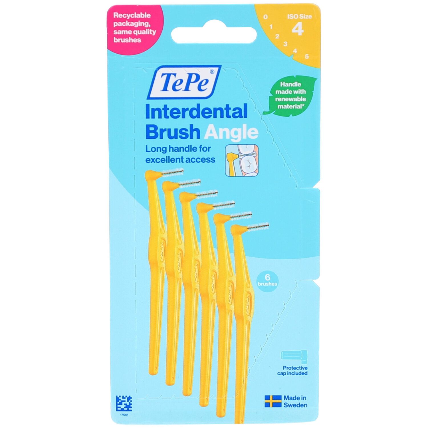 Verpackung mit gelben Interdentalbürsten, Größe 4, abgewinkelt. 6 Stück. Marke TePe. Nachhaltige Wahl.