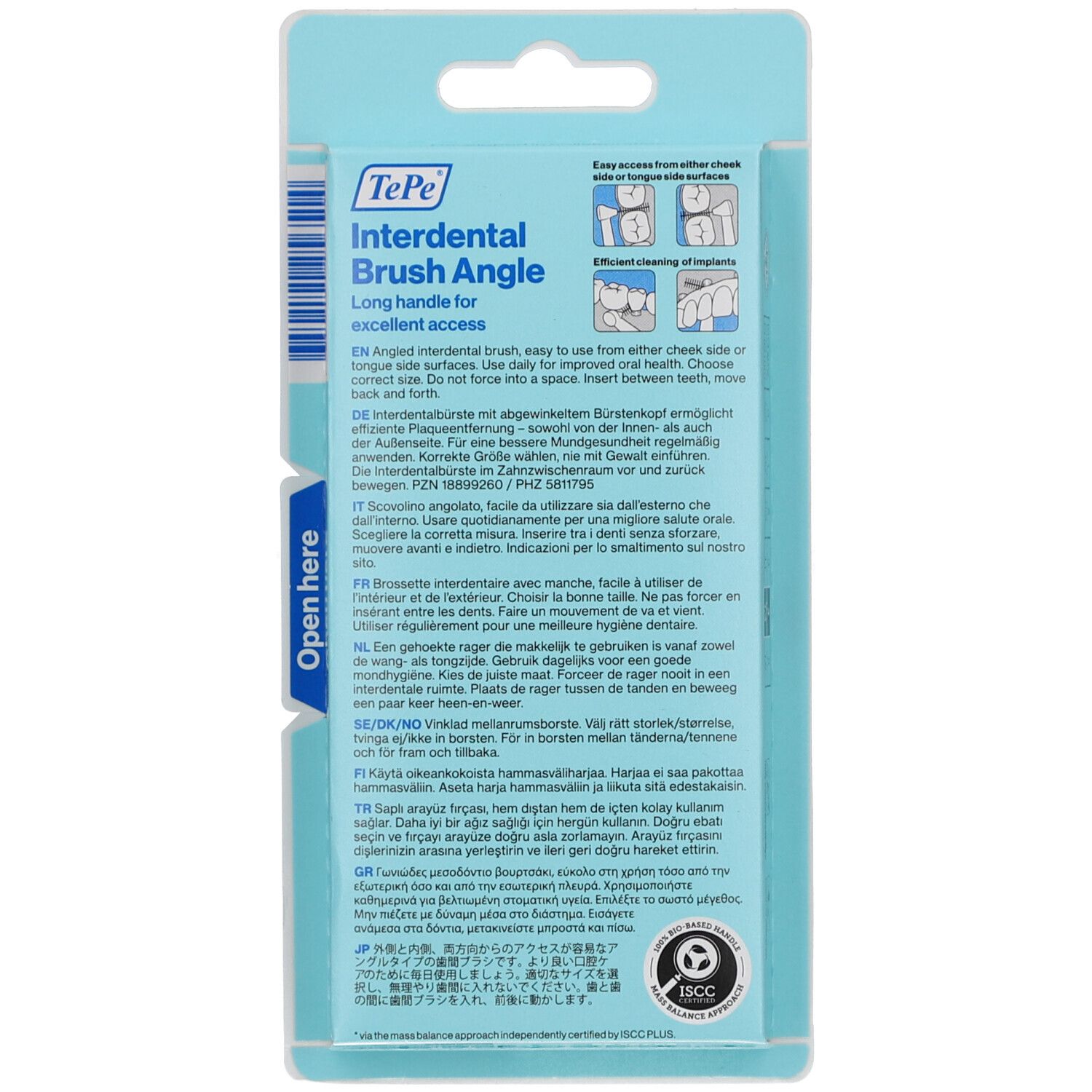 Rückseite der Verpackung mit Produktinformationen. Text in mehreren Sprachen. Marke TePe. Mit FSC-Zertifizierung.