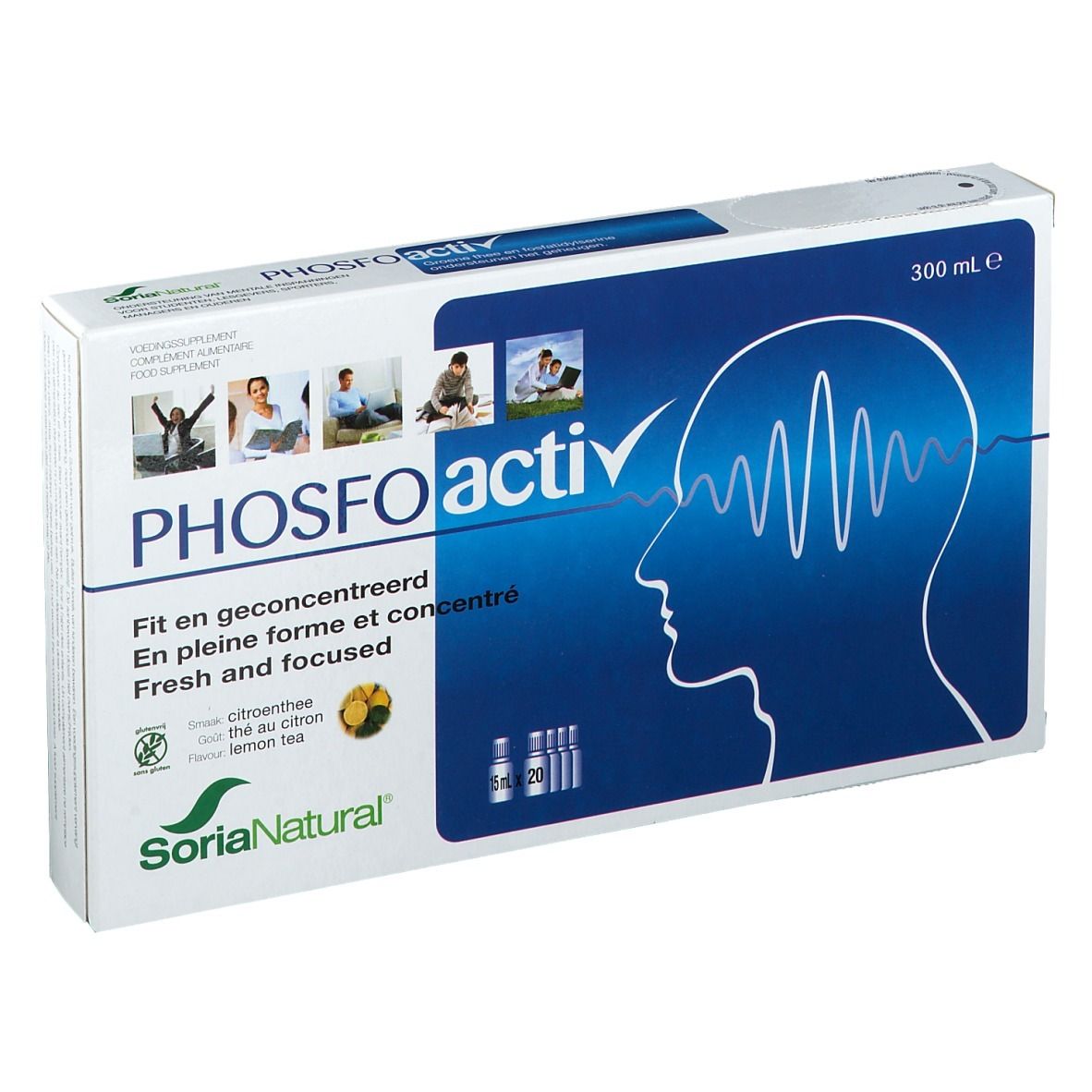 Schachtel mit Produktaufdruck "PHOSFOactiv". Blaue und weiße Farbgebung. Enthält Ampullen. Marke: Soria Natural.