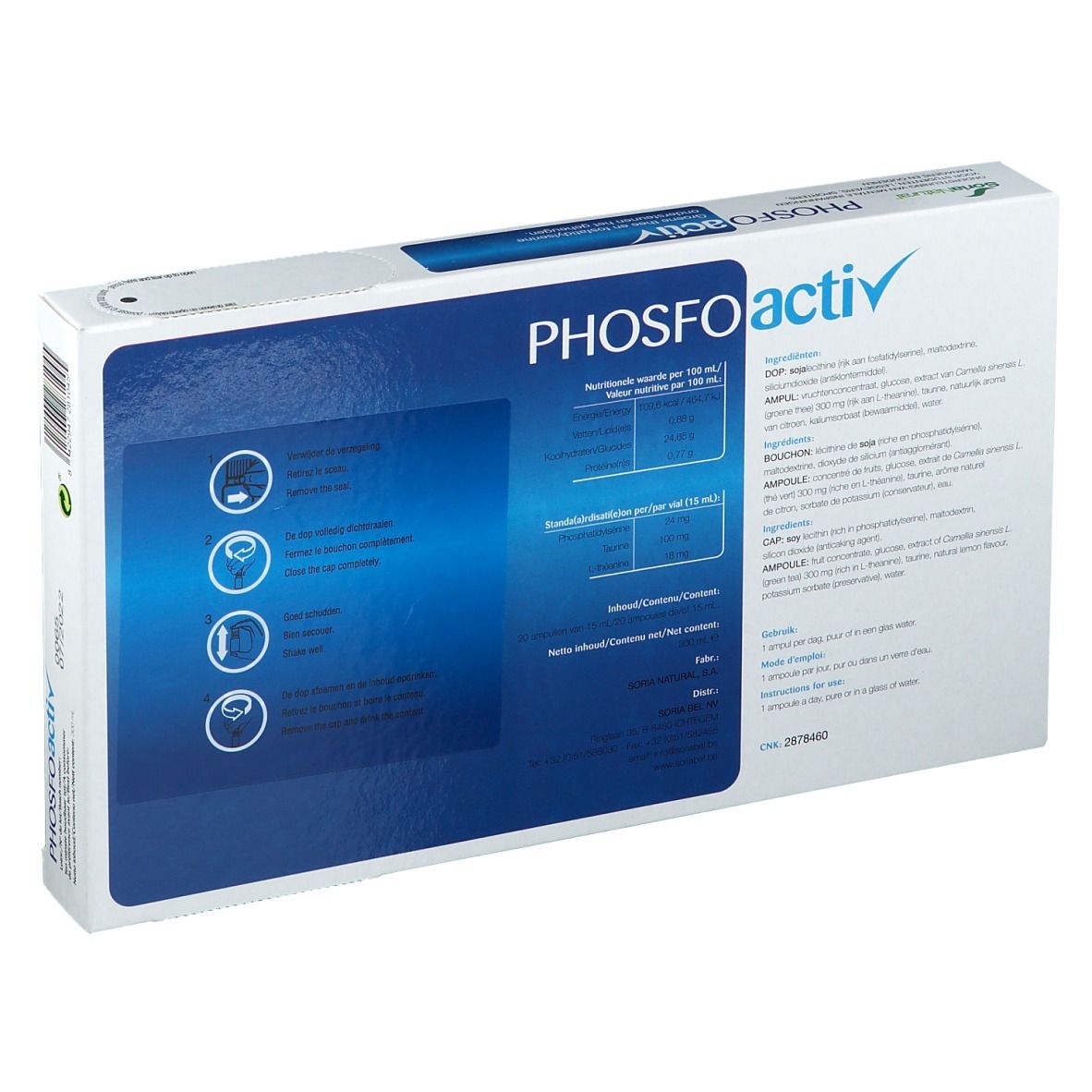 Rückseite der "PHOSFOactiv"-Schachtel. Enthält Tabellen und Textinformationen. Marke: Soria Natural. Mit Inhaltsangaben.
