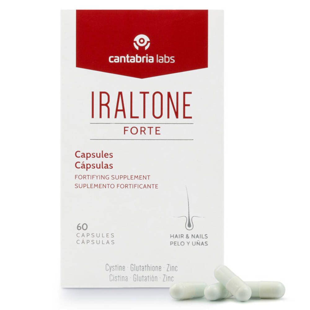 Weißer Karton mit rotem Akzent. Aufschrift: Iraltone Forte, Kapseln. 60 Kapseln. Drei Kapseln liegen daneben.