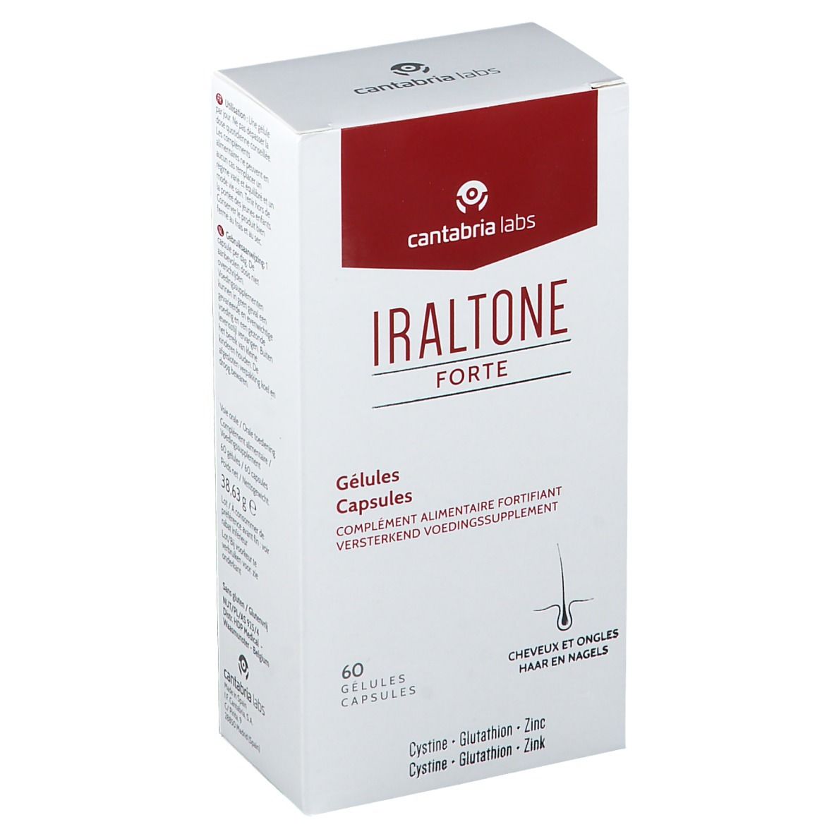 Weiße Schachtel mit rotem Akzent. Aufschrift: Iraltone Forte, 60 Gelules. Haare und Nägel.