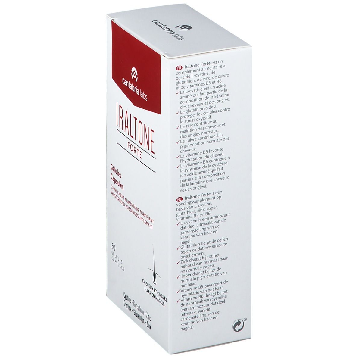 Weiße Schachtel mit rotem Akzent. Aufschrift: Iraltone Forte, 60 Gelules. Haare und Nägel.