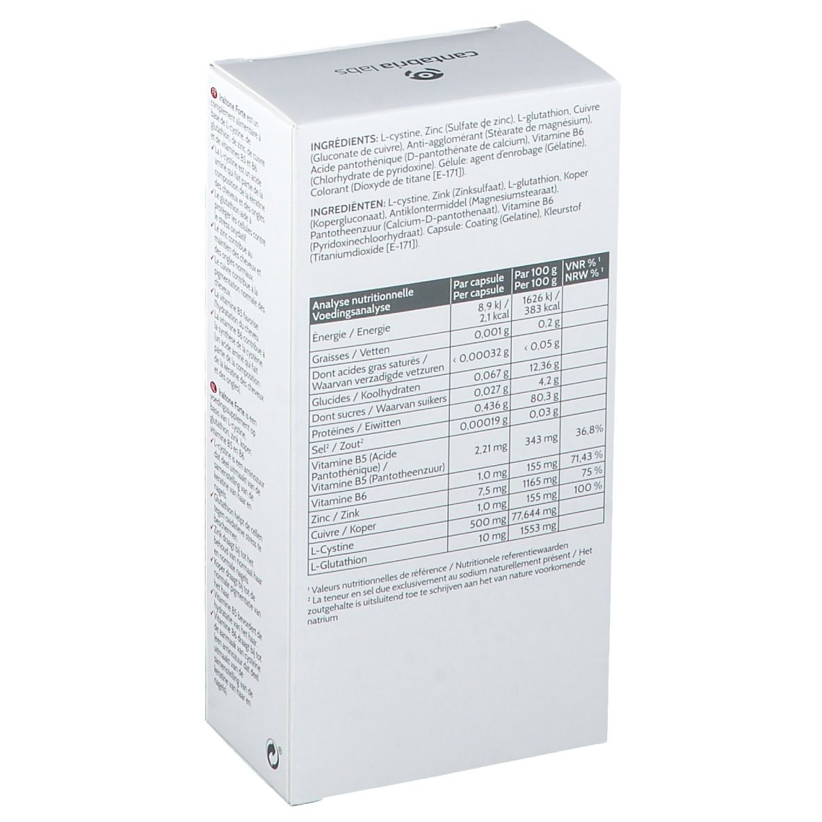 Weiße Schachtel mit rotem Akzent. Aufschrift: Iraltone Forte, 60 Gelules. Haare und Nägel.