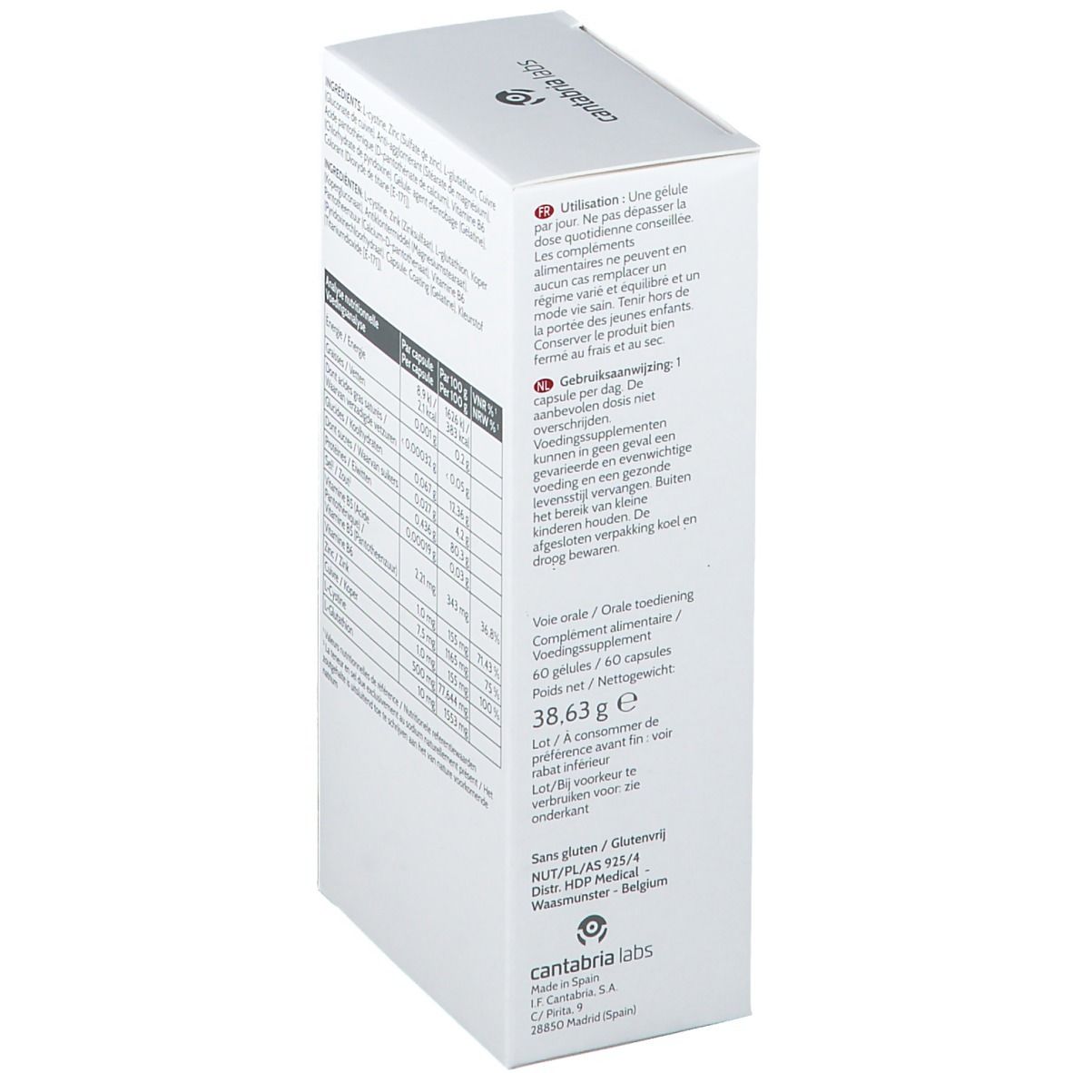 Weiße Schachtel mit rotem Akzent. Aufschrift: Iraltone Forte, 60 Gelules. Haare und Nägel.