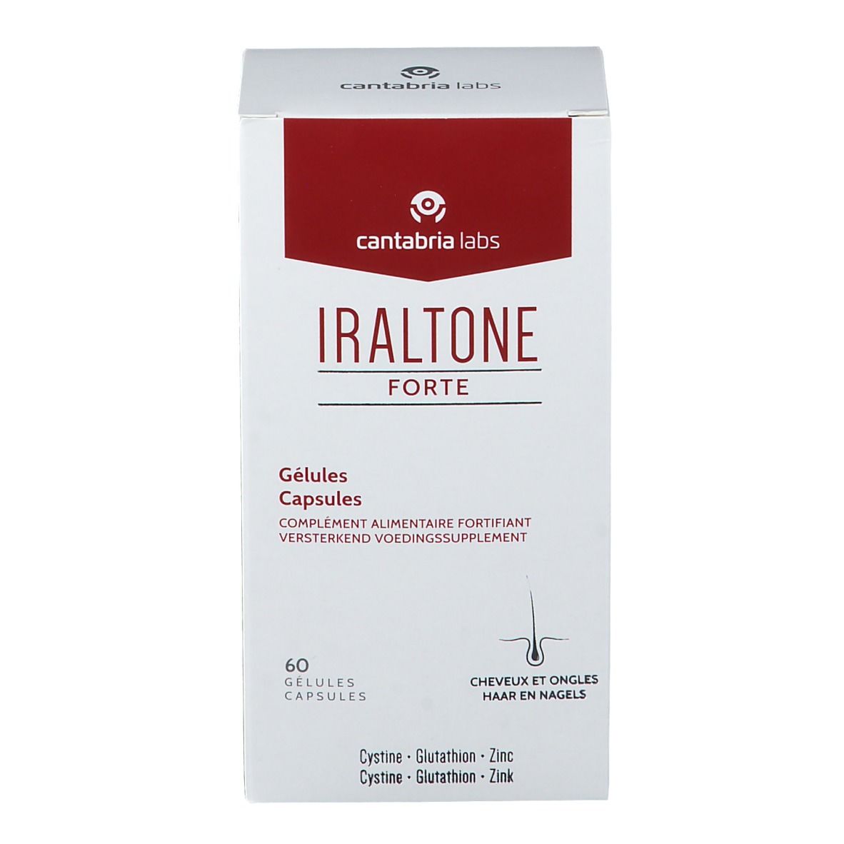 Weiße Schachtel mit rotem Akzent. Aufschrift: Iraltone Forte, 60 Gelules. Haare und Nägel.