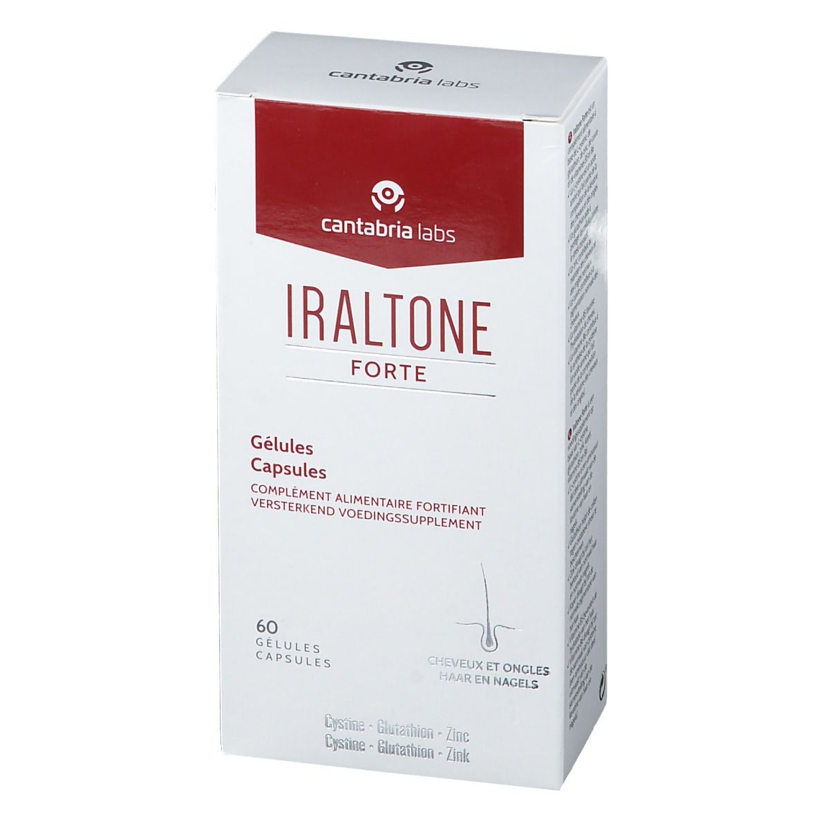 Weiße Schachtel mit rotem Akzent. Aufschrift: Iraltone Forte, 60 Gelules. Haare und Nägel.