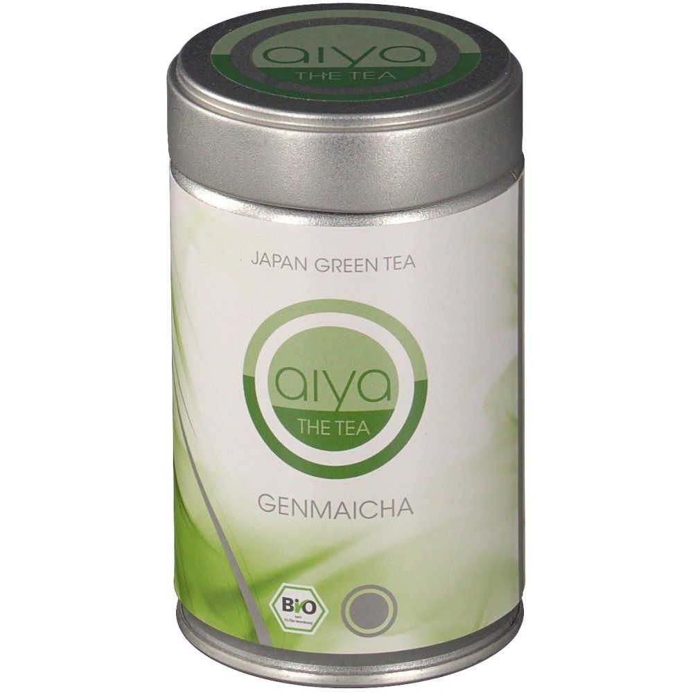 Zylindrische Dose mit Deckel. Aufschrift: Aiya The Tea, Genmaicha, Bio-Siegel. Grüner Hintergrund.
