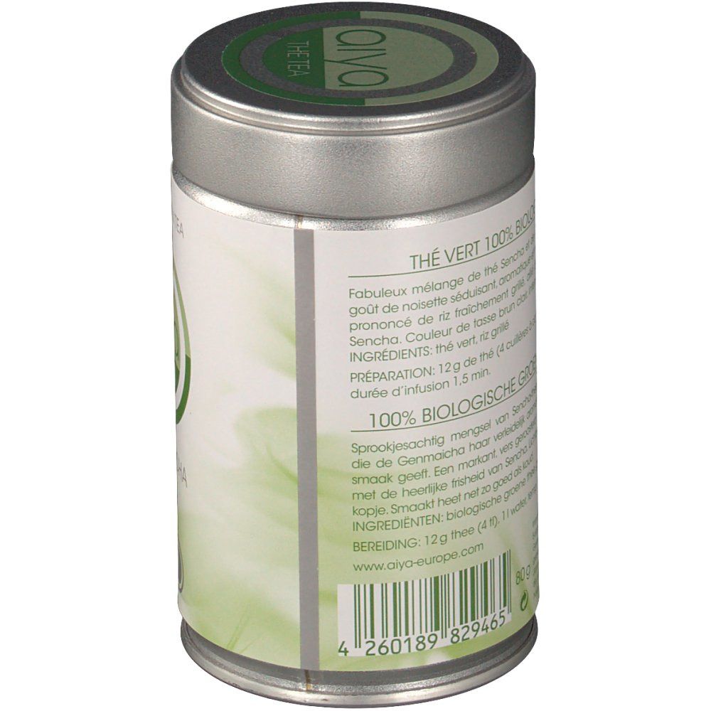 Zylindrische Dose, Seitenansicht. Text: Thé Vert 100% Biologique, Zutaten, Zubereitung. Bio-Siegel und Barcode.