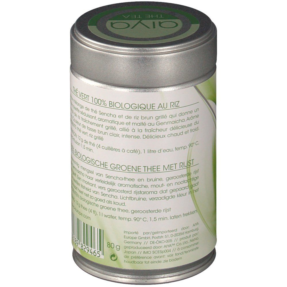 Zylindrische Dose, Seitenansicht. Text: Thé Vert 100% Biologique au Riz, Zutaten, Zubereitung. Bio-Siegel.