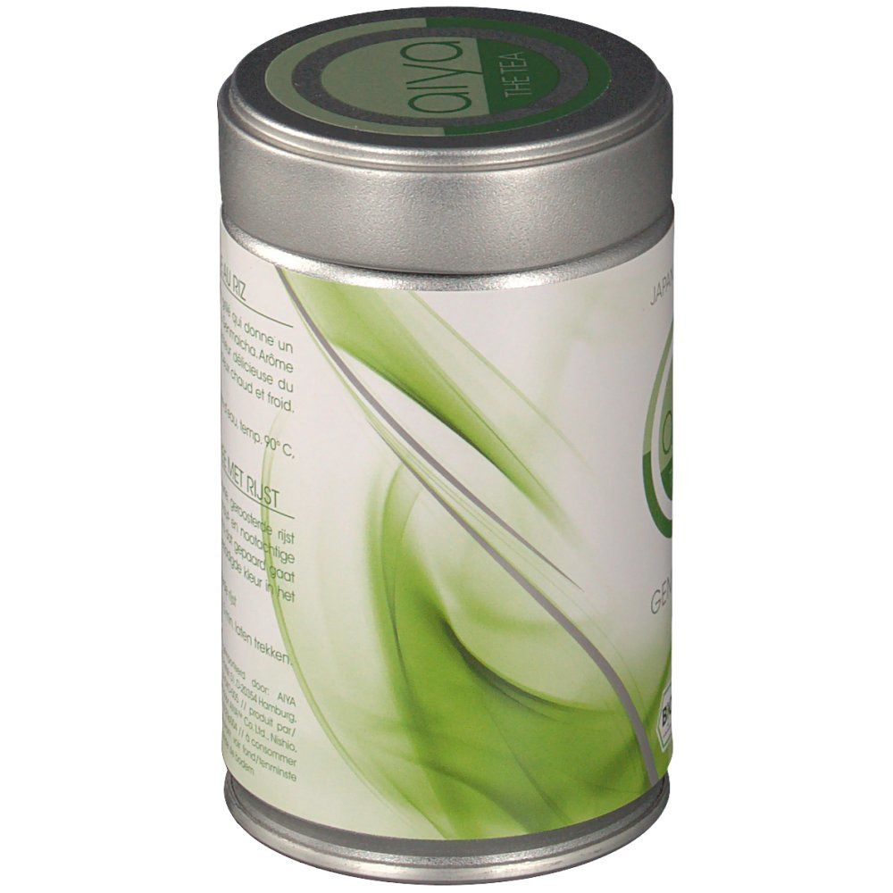 Zylindrische Dose, Seitenansicht. Text: Thé Vert 100% Biologique au Riz. Grüner, geschwungener Hintergrund.