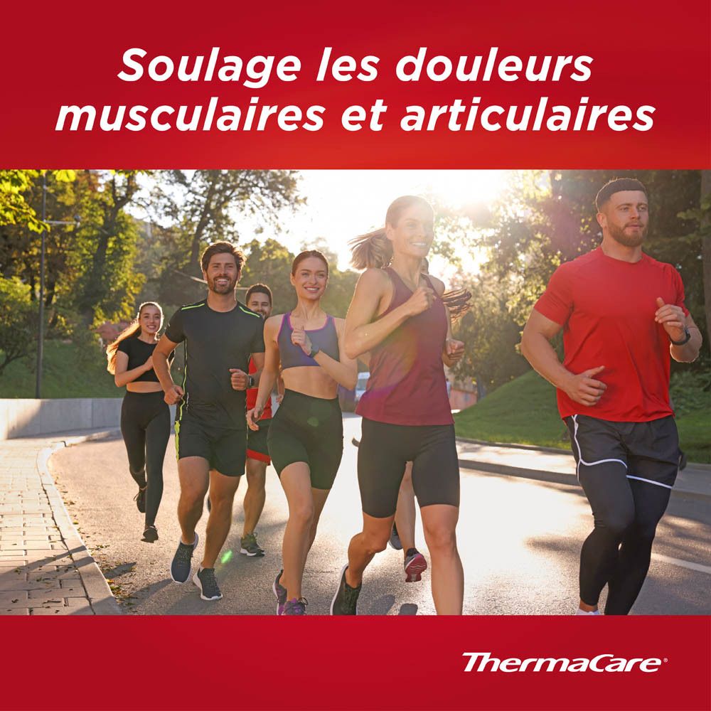 Dos de la boîte ThermaCare®. Texte en allemand, français et néerlandais. Emballage rouge.
