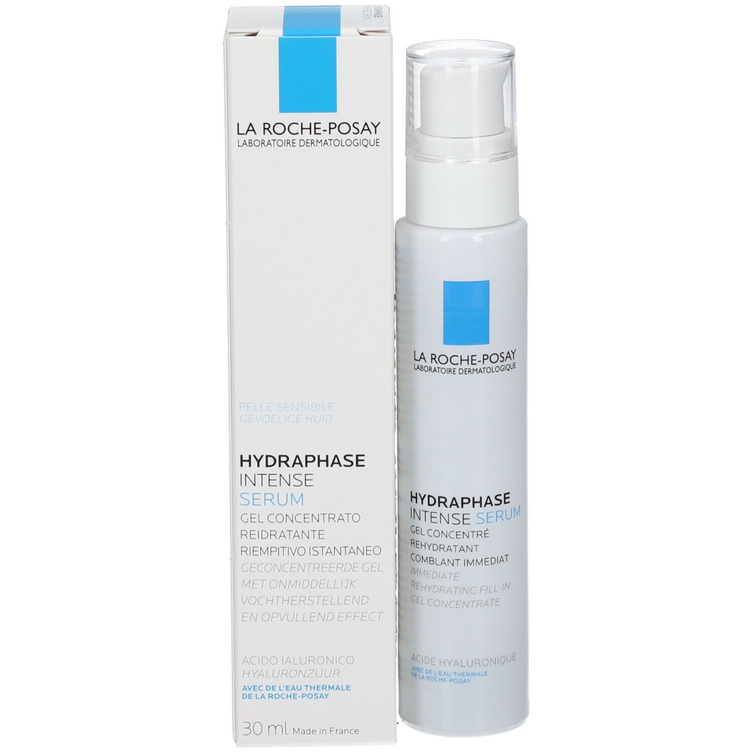 Weiße Verpackung mit blauem Quadrat. Text: Hydraphase Intense Serum. Volumen: 30 ml.