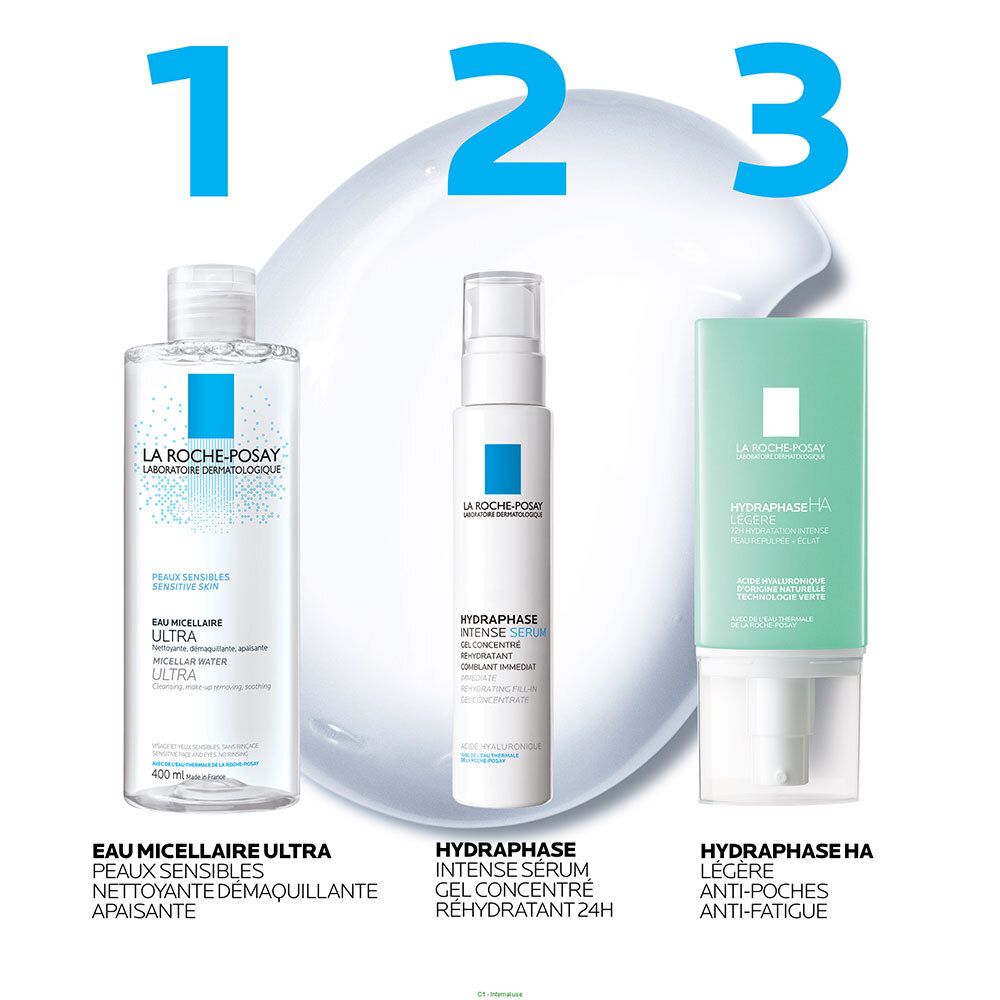 Drei Produkte: Eau Micellaire Ultra, Hydraphase Intense Serum, Hydraphase HA Légère.