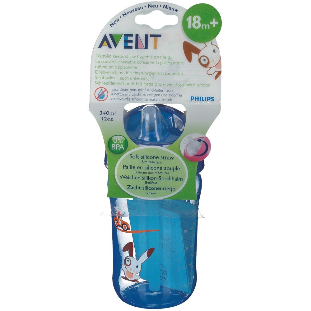 Blauer Trinkbecher mit Strohhalm, 18m+. BPA-frei. Mit Deckel und Aufdrucken. Verpackung mit Produktinformationen.