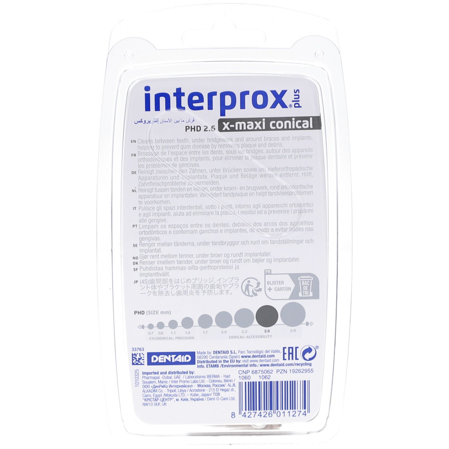 Rückseite der Verpackung mit Produktinformationen. Produktname: interprox plus X-maxi conical. Mehrsprachiger Text.