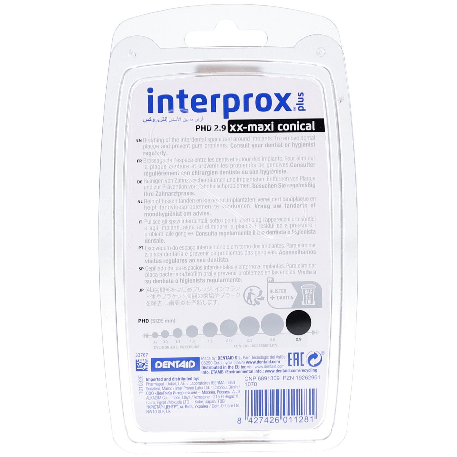 Rückseite der Interprox Plus Brush XX Maxi Verpackung. Text in mehreren Sprachen, Größenvergleich, Herstellerinformationen.