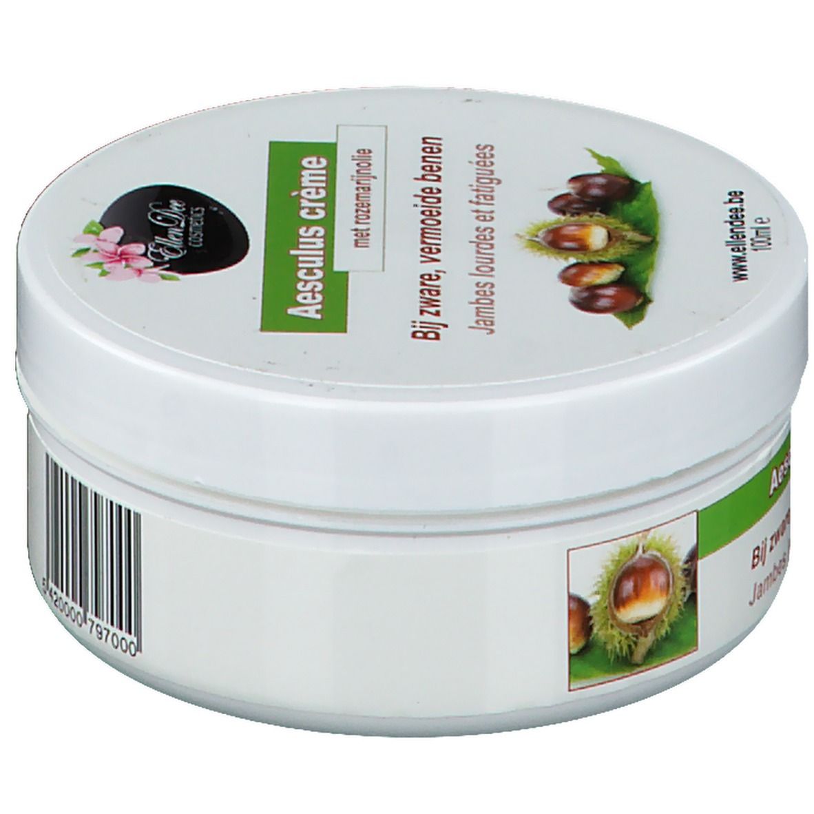 Pot blanc avec étiquette verte. Inscription: Aesculus crème, à l'huile de romarin. Illustration de châtaignes. Marque: Ellen Dee Cosmetics.
