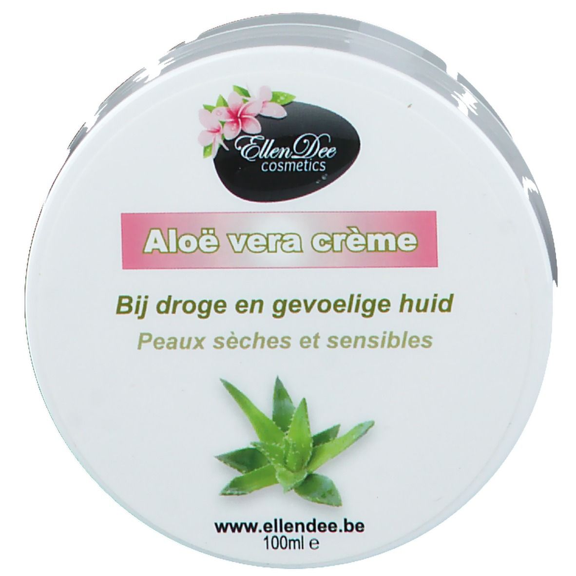 Creme-Dose mit Deckel. Aufschrift: Aloe vera crème. Logo: Ellen Dee Cosmetics. Text: Bij droge en gevoelige huid. Peaux sèches et sensibles.