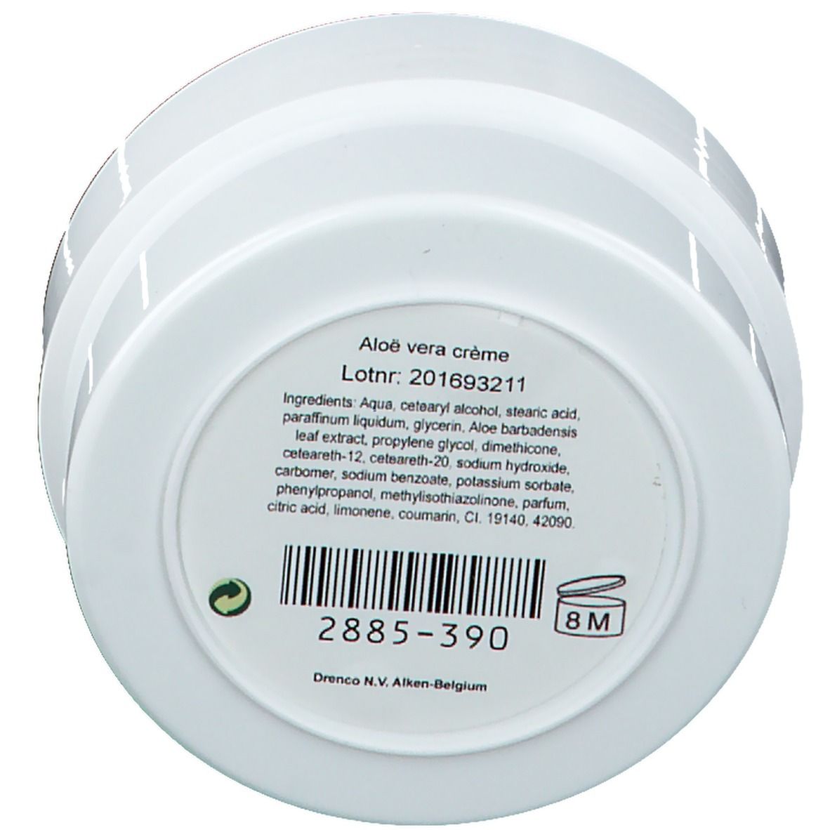 Unterseite einer Creme-Dose. Text: Aloe vera crème. Inhaltsstoffe. Lotnr. 201693211. Barcode. 8M-Symbol. Hersteller: Drenco N.V. Aken-Belg.
