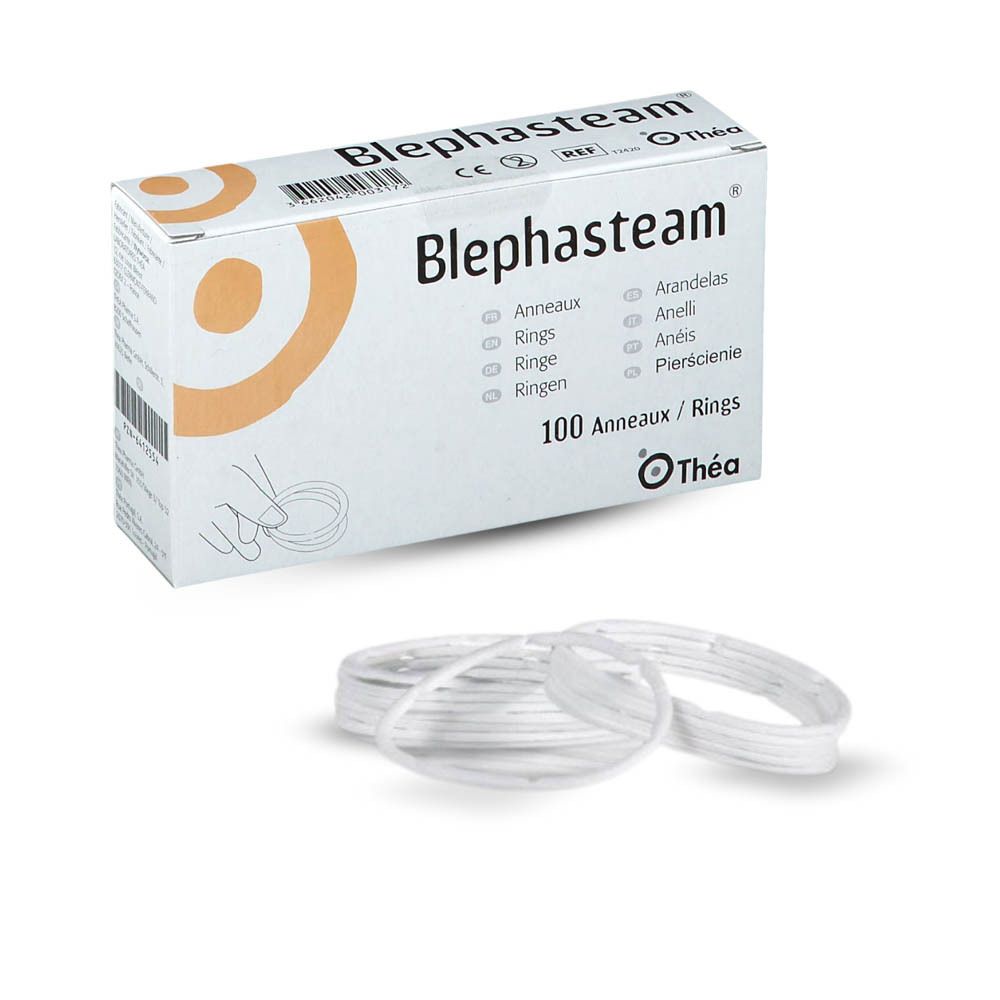 Boîte Blephasteam® et anneaux transparents. Inscription : Blephasteam®, Thea. 100 anneaux.