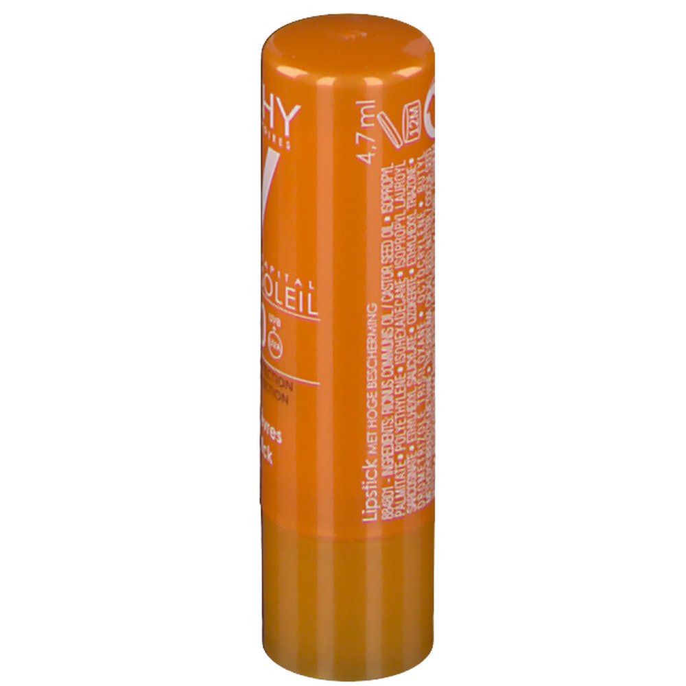 Zylindrischer Lippenstift-Stick in Orange. Aufschrift: VICHY, Idéal Soleil, LSF 30. Mit 4,7 ml Inhalt.