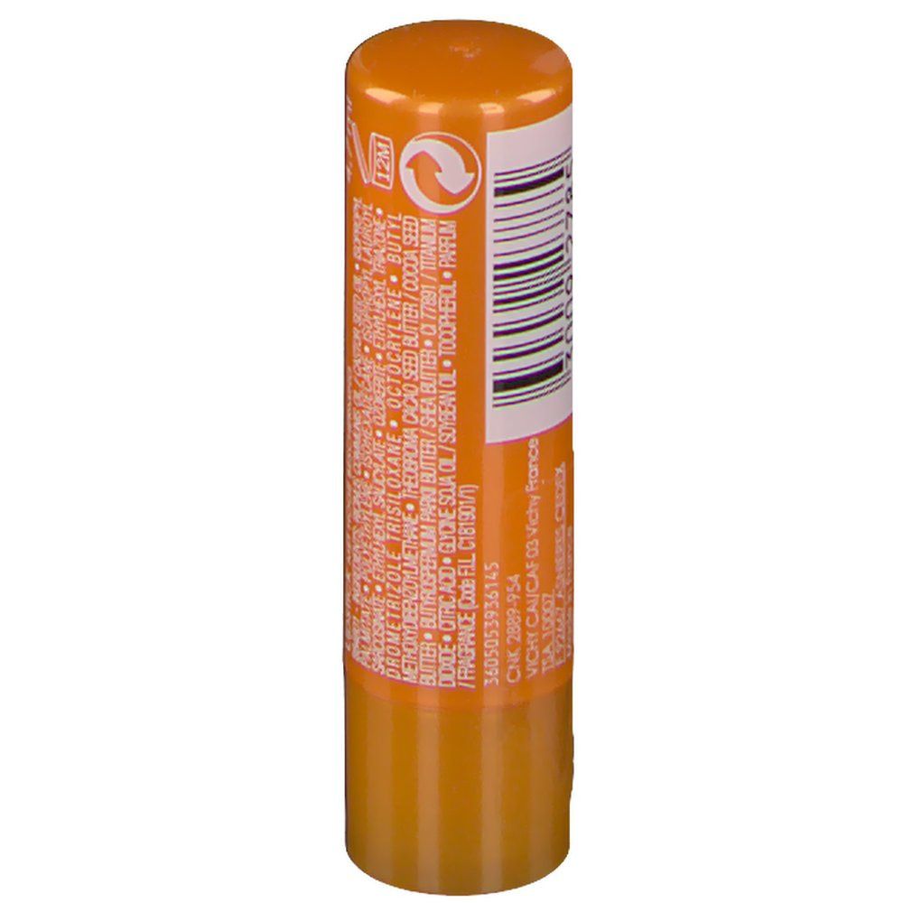 Rückseite eines orangefarbenen Lippenstift-Sticks. Barcode und Textinformationen.