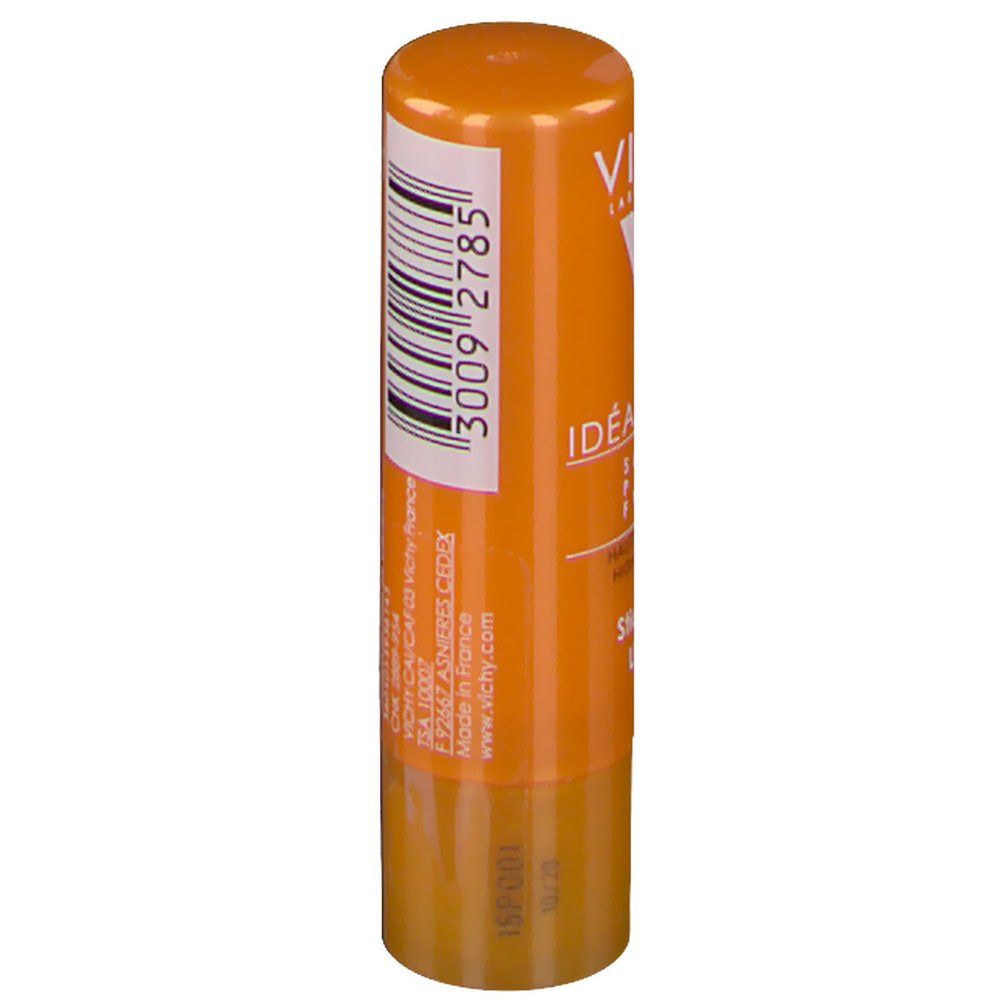 Orangefarbener Lippenstift-Stick. Barcode und Text. Aufschrift: VICHY, Idéal Soleil, SPF 30.
