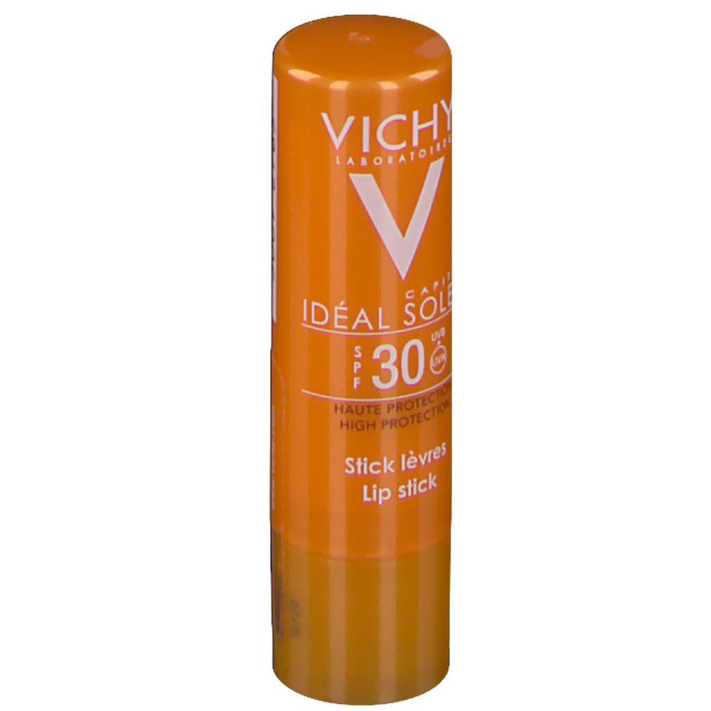 Orangefarbener Lippenstift-Stick. Aufschrift: VICHY, Idéal Soleil, SPF 30, Stick lèvres, Lip stick.