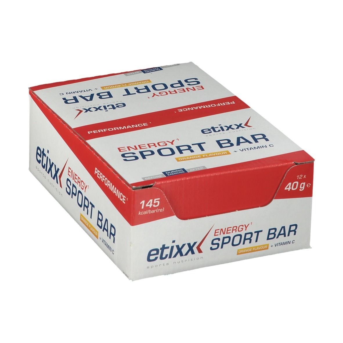 Etixx Energy Sport Bar Orange-Box. Enthält 12 Riegel. Aufdruck: Energy Sport Bar, 145 kcal, 40g.