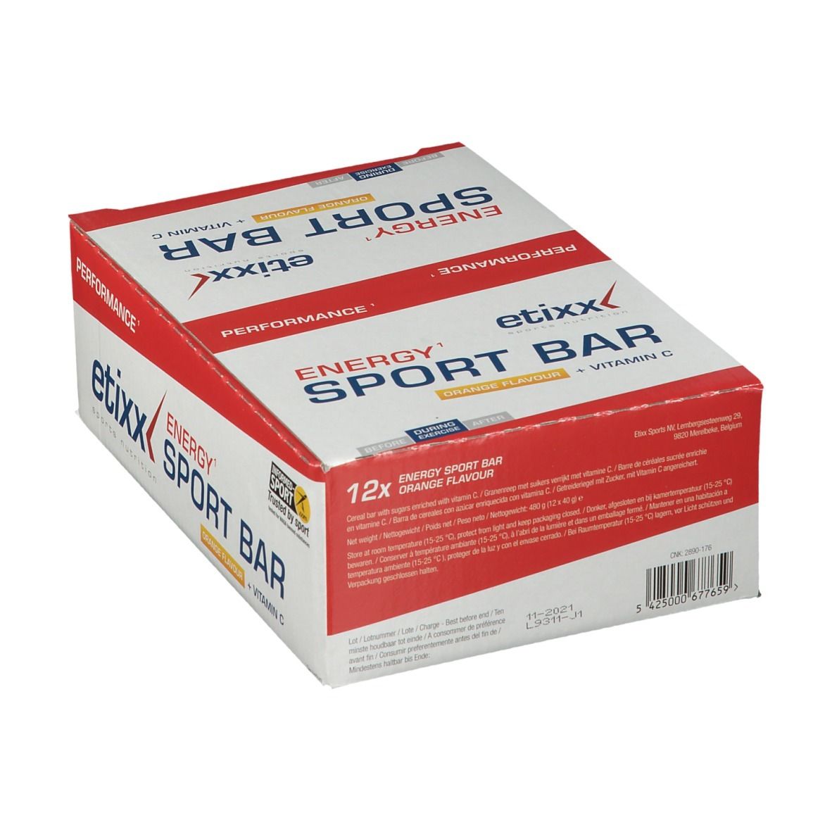 Etixx Energy Sport Bar Orange-Box. Enthält 12 Riegel. Aufdruck: Energy Sport Bar, Orange Flavour, Vitamin C.