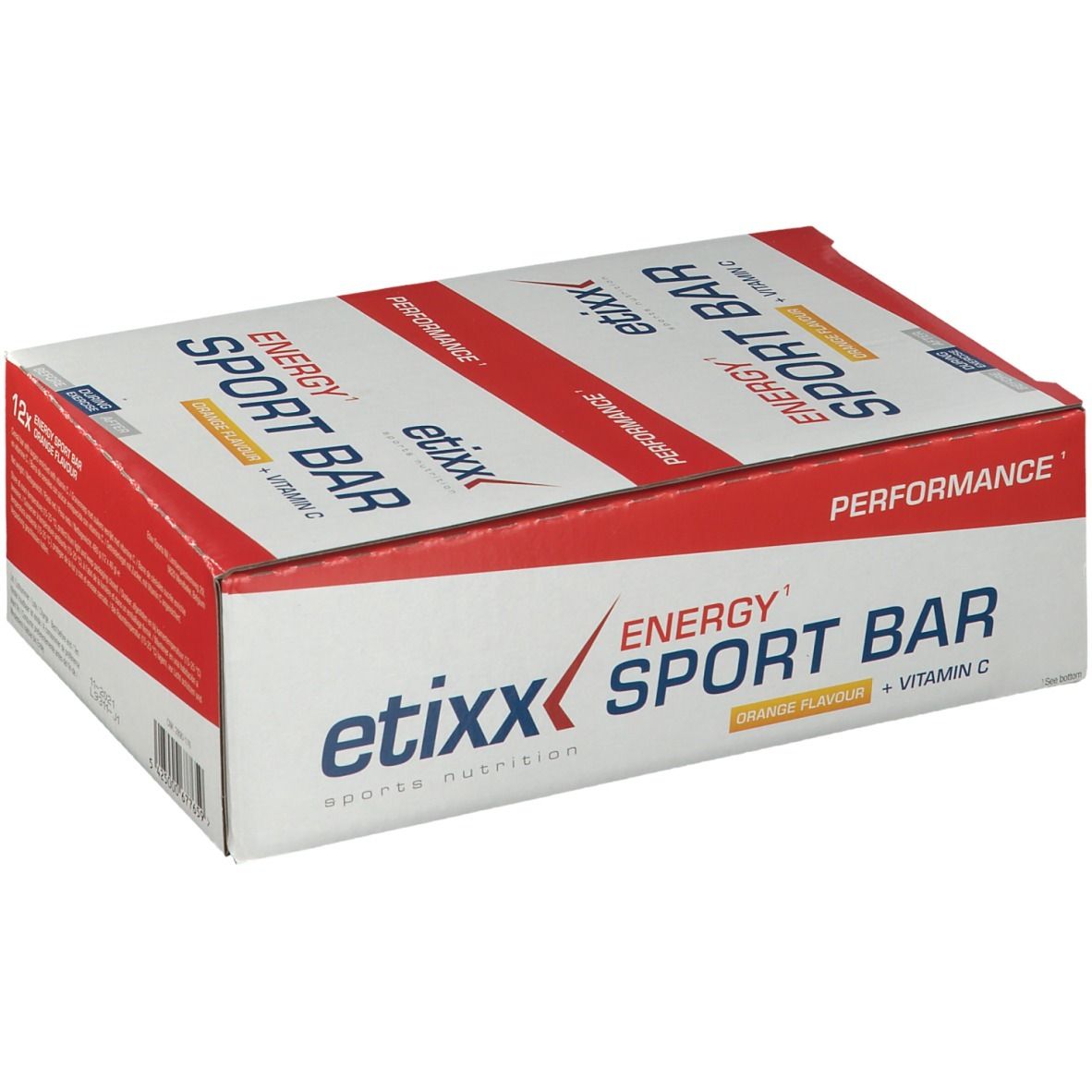 Etixx Energy Sport Bar Orange-Box. Aufdruck: Energy Sport Bar, Orange Flavour, Vitamin C. Verpackung mit 12 Riegeln.