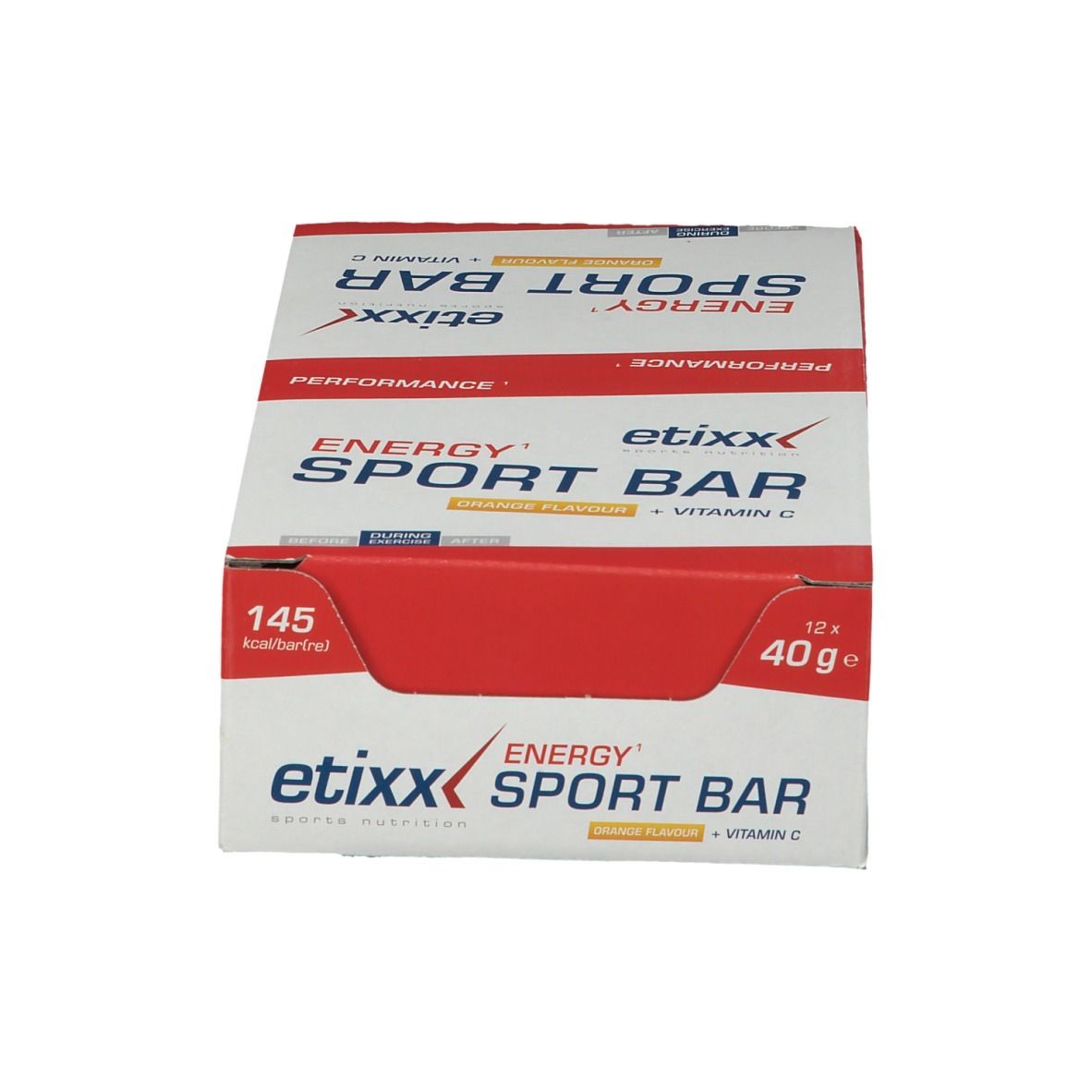 Etixx Energy Sport Bar Orange-Box. Enthält 12 Riegel. Aufdruck: Energy Sport Bar, 145 kcal, 40g.