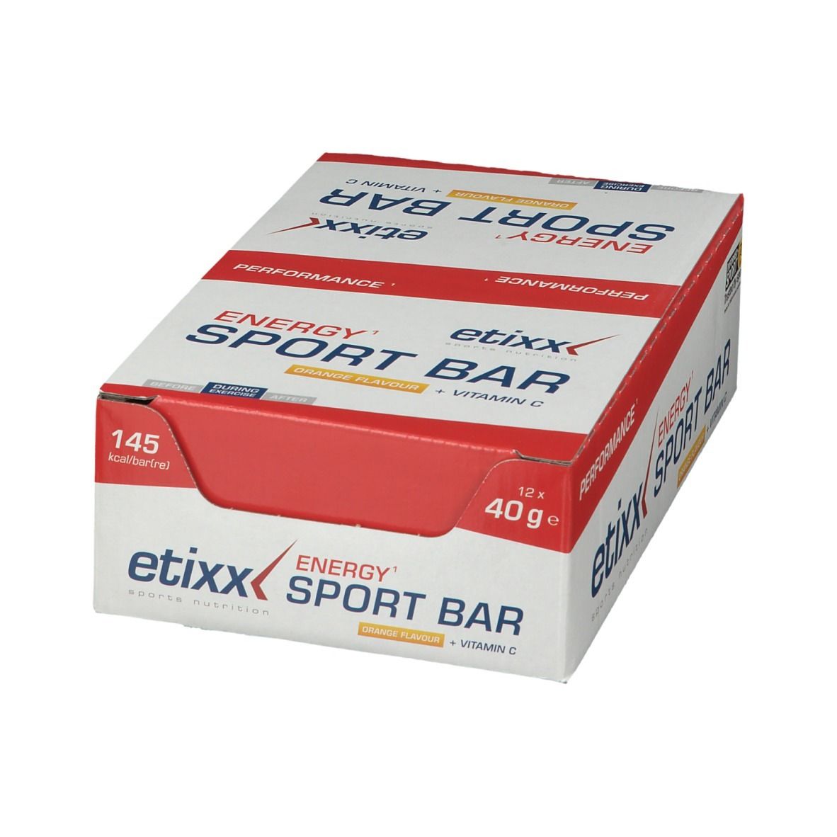 Etixx Energy Sport Bar Orange-Box. Enthält 12 Riegel. Aufdruck: Energy Sport Bar, 145 kcal, 40g.