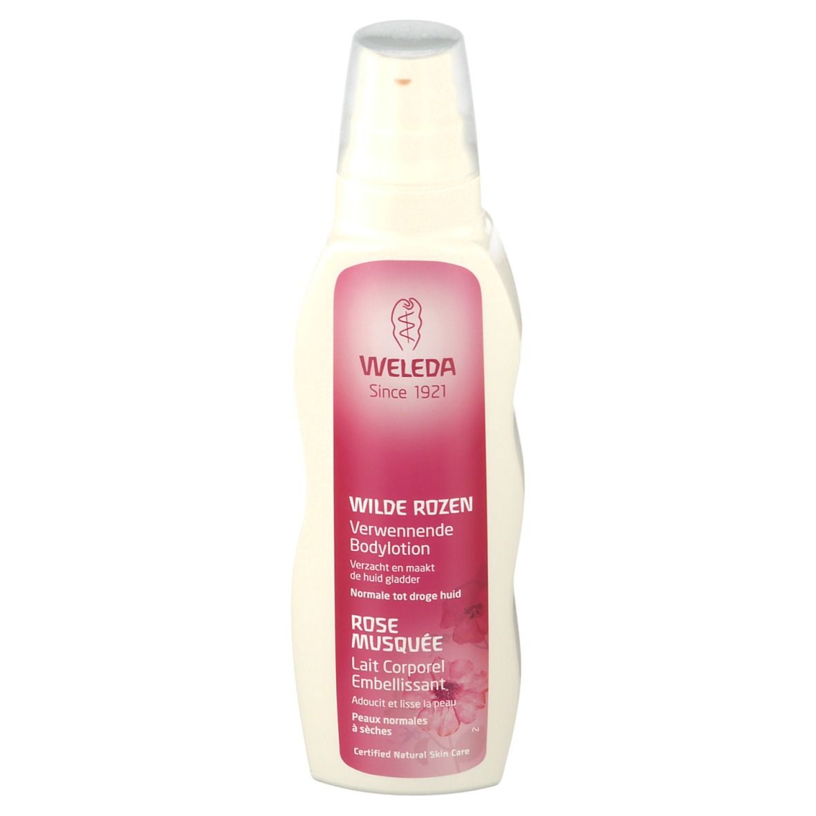 Weleda Bodylotion-Flasche. Weißes Gefäß mit rosa Etikett. Text: Wilde Rozen, Rose Musquée. Zertifiziert Natural Skin Care.