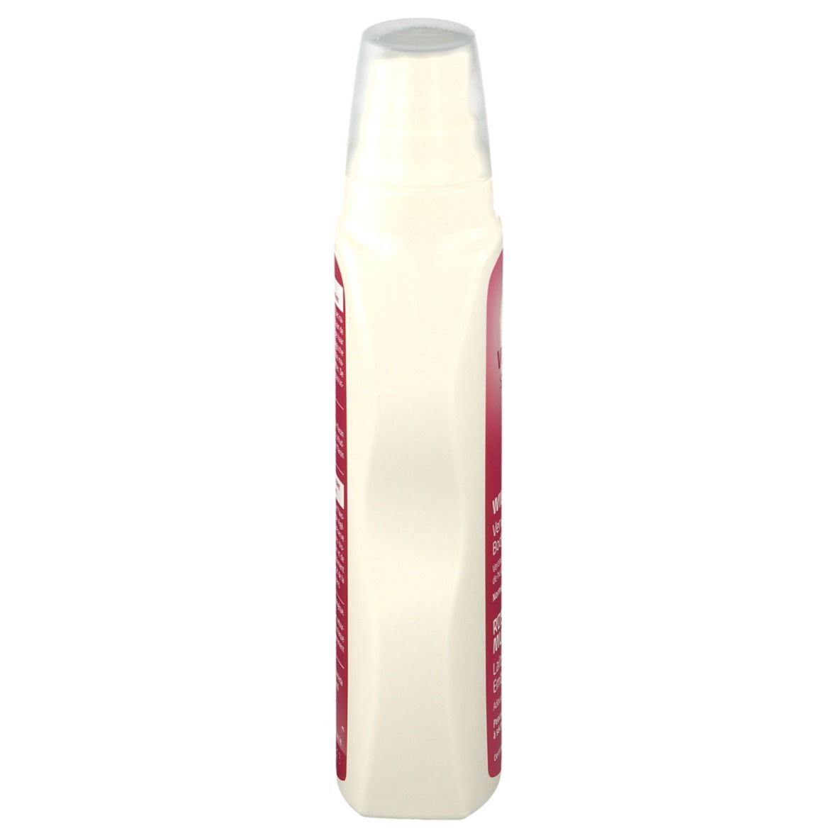 Weleda Bodylotion-Flasche. Seitenansicht. Weißes Gefäß mit rosa Etikett. Transparenter Sprühkopf.
