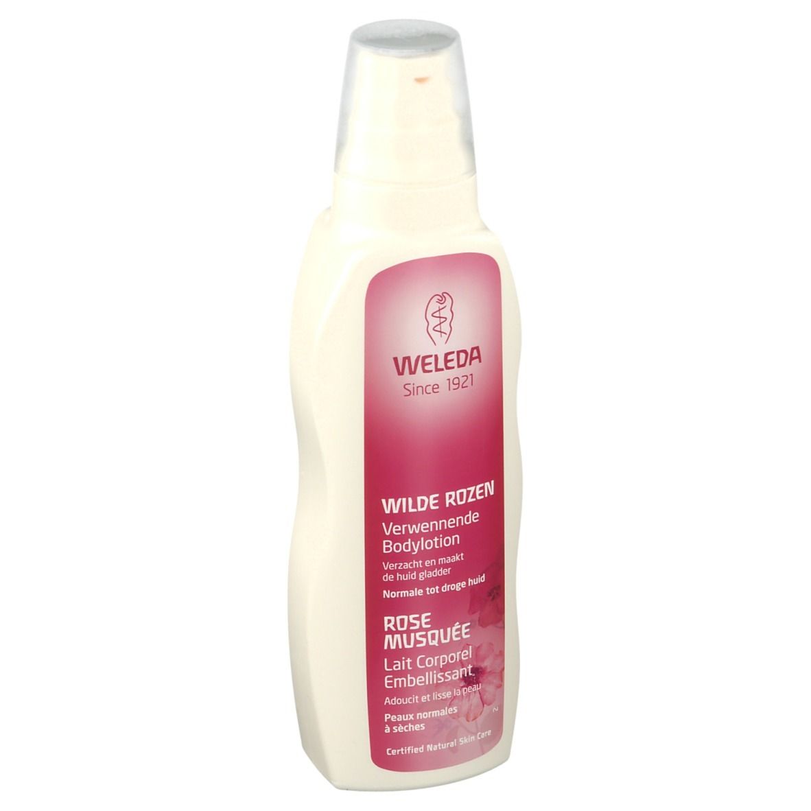 Weleda Bodylotion-Flasche. Weißes Gefäß mit rosa Etikett. Text: Wilde Rozen, Rose Musquée. Transparenter Sprühkopf.