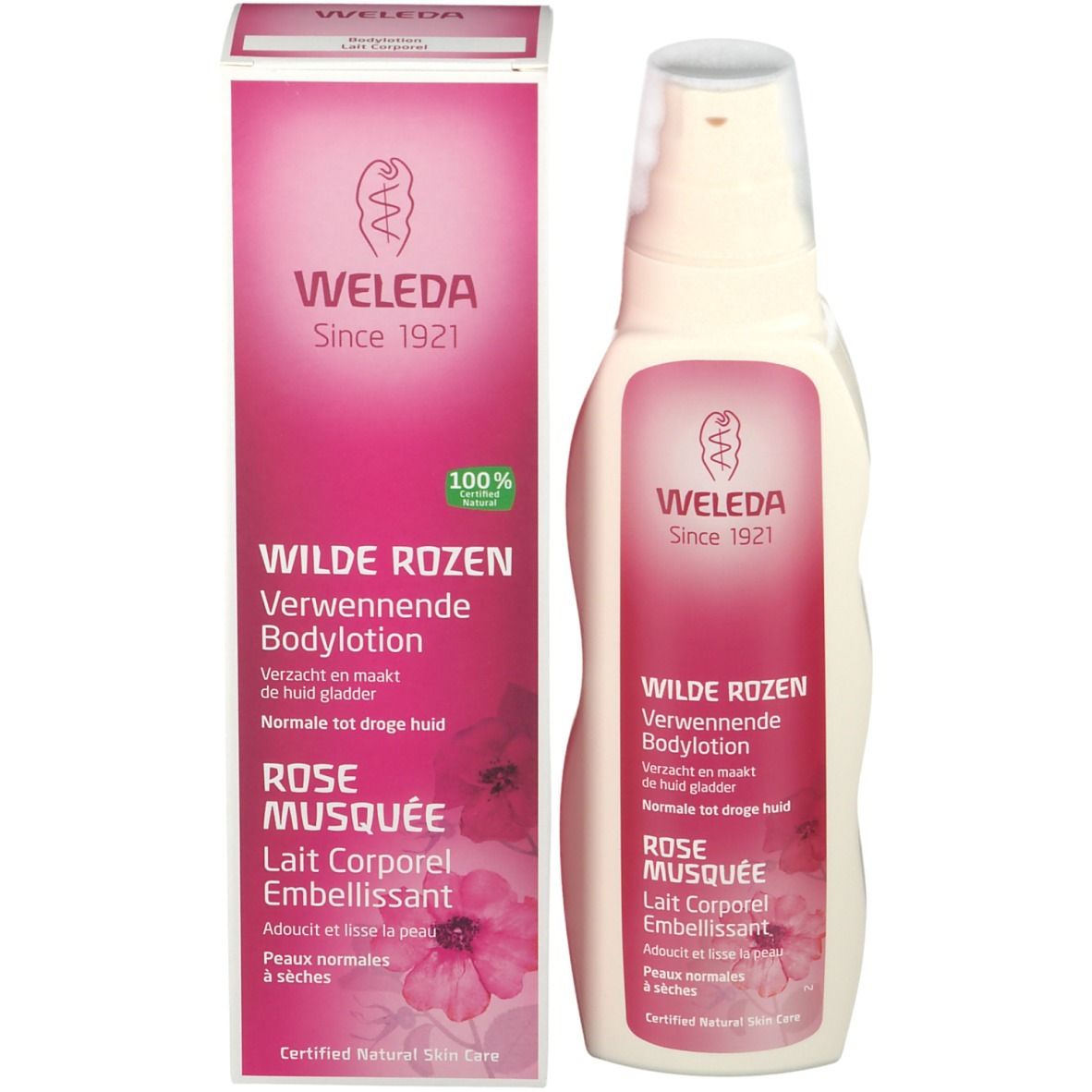 Weleda Bodylotion-Flasche und Schachtel. Flasche und Schachtel mit rosa Etiketten. Text: Wilde Rozen, Rose Musquée.