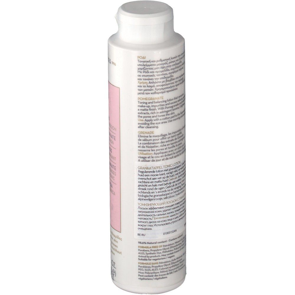KORRES® Grenade Toner. Weiße Flasche mit rosa Etikett. Text und Inhaltsstoffe aufgedruckt. Weißer Deckel.