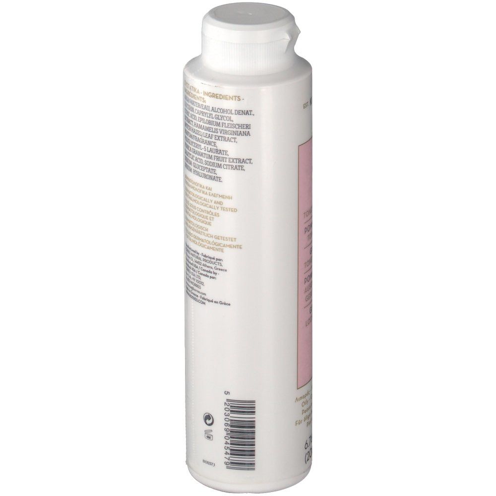 KORRES® Grenade Toner. Weiße Flasche mit rosa Etikett. Text und Inhaltsstoffe aufgedruckt. Weißer Deckel.
