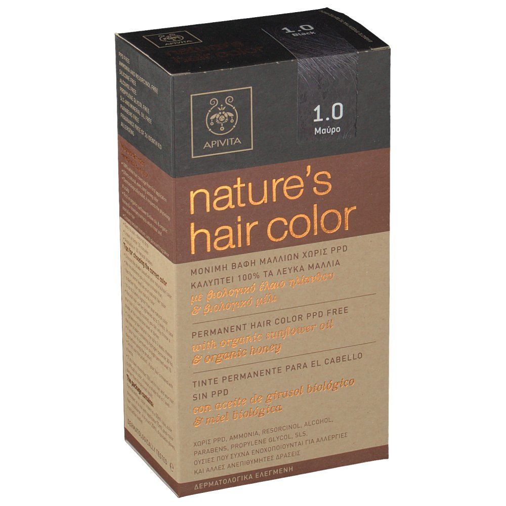 Apivita Coloration Capillaire N1.0 Noir. Boîte avec informations produit et logo. Couleur : 1.0 Noir. Vue de face.