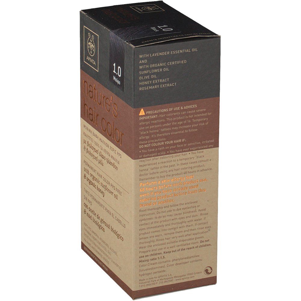 Apivita Coloration Capillaire N1.0 Noir. Boîte avec informations produit. Contient huile de lavande, tournesol, miel et romarin. Vue latérale.