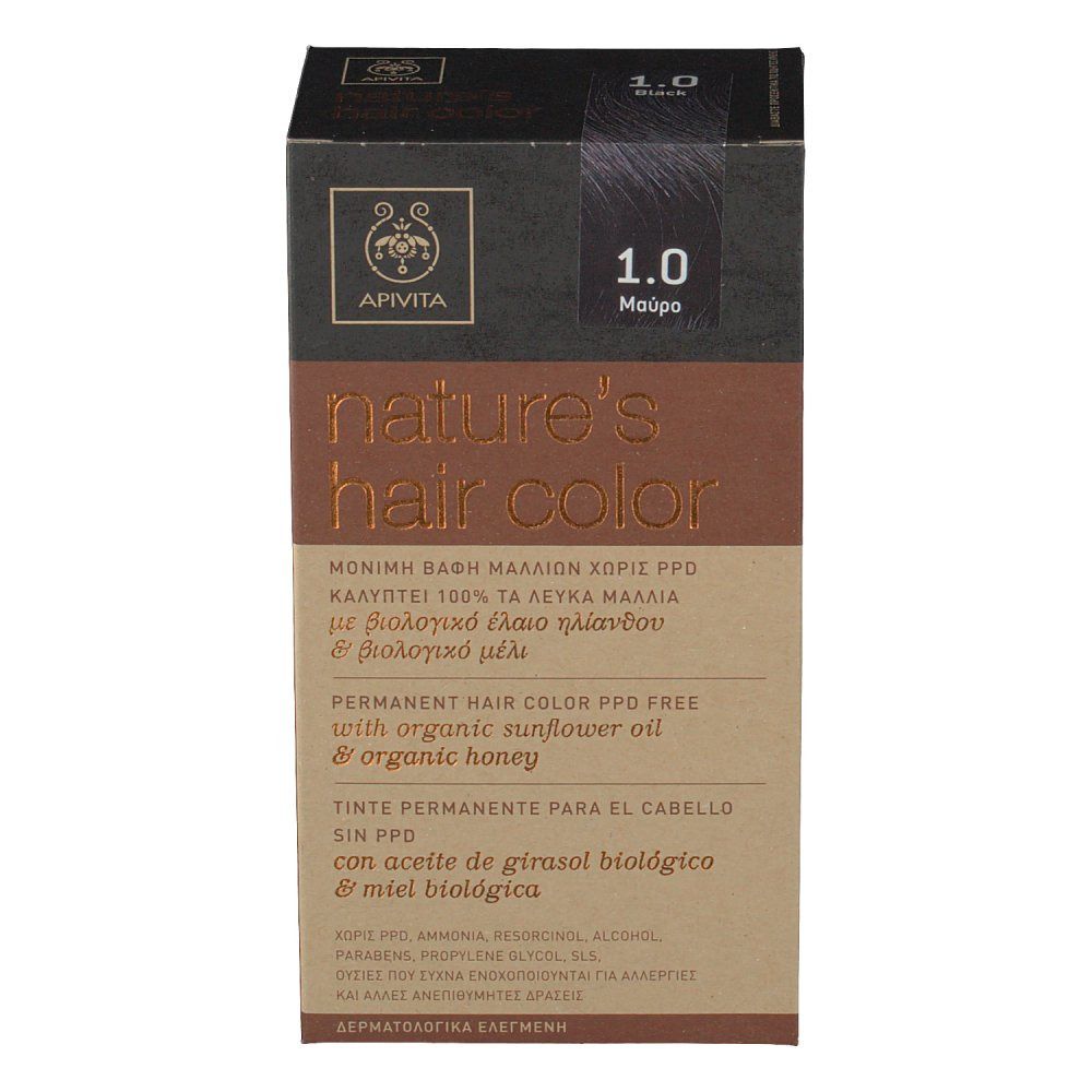 Apivita Coloration Capillaire N1.0 Noir. Boîte avec informations produit et logo. Couleur : 1.0 Noir. Vue de face.