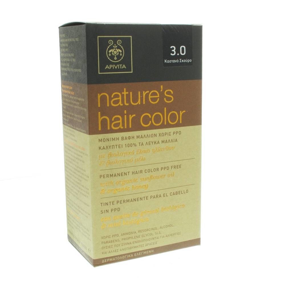 Haarfarben-Box. Aufschrift: nature's hair color, 3.0, Permanent Hair Color PPD free. Enthält Sonnenblumenöl und Honig. Marke Apivita.