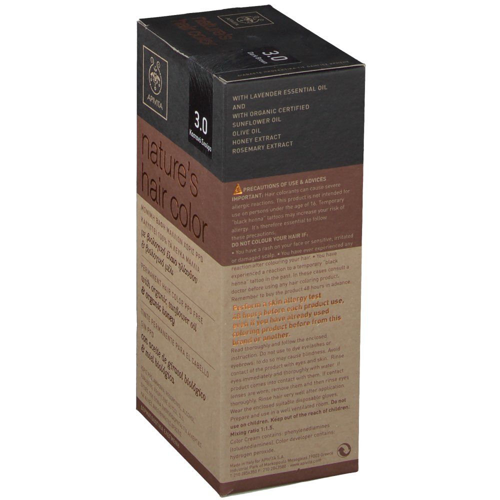 Haarfarben-Box, Seitenansicht. Enthält Lavendelöl, Sonnenblumenöl, Honigextrakt und Rosmarinextrakt. Warnhinweise und Anwendungshinweise.