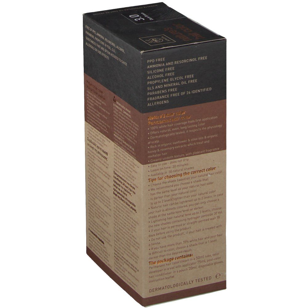 Haarfarben-Box, Seitenansicht. Enthält Informationen über Inhaltsstoffe, wie PPD-frei, Ammoniak-frei, Resorcin-frei. Dermatologisch getestet.